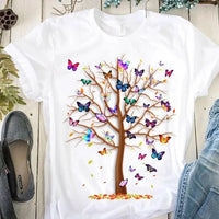 Women's Butterfly Tree Print Harajuku T-Shirt Round Neck Top Short Sleeve Casual Summer Tee Shirt