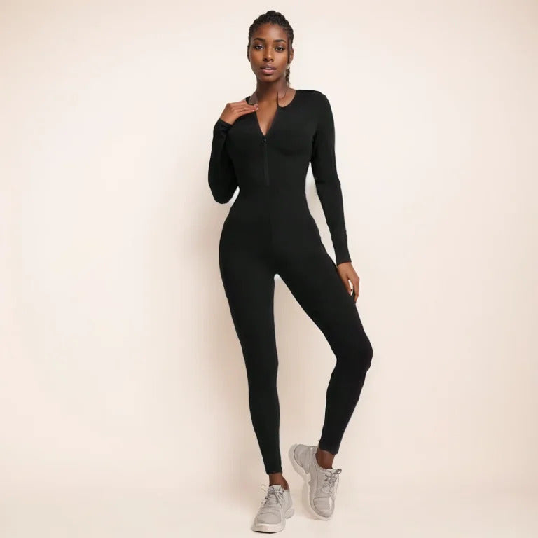 Fall new hot sale sexy bodysuit for women solid color ribbed long sleeve zipper bodycon sporty clothing rompers women's jumpsuit