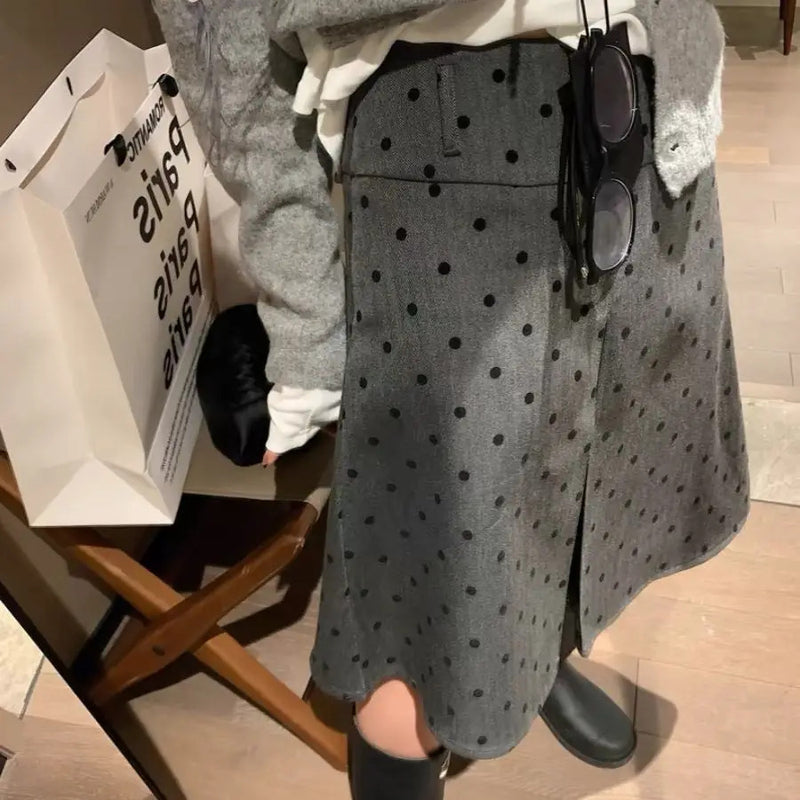 Factory Price Retro Wear Two Sides Wear Pleated Polka-dot Skirt Women 2024 Fall/winter New Fashion Gray A-line Skirt