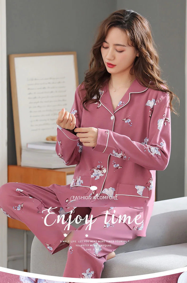 100% Cotton Long Sleeve Cardigan Pajama Set For Middle-aged Elderly Women Autumn Outer Wear Homewear