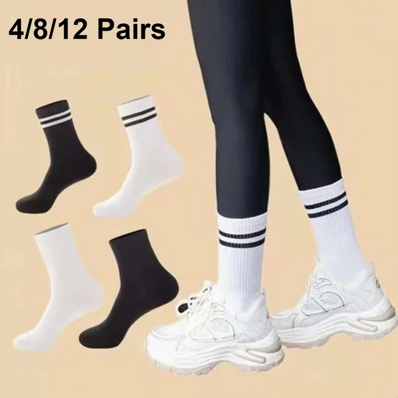 4/8/12 Pairs Versatile Women's Socks Parallel Bar Pattern Fashion Breathable Autumn High Quality Women's Mid Length Socks