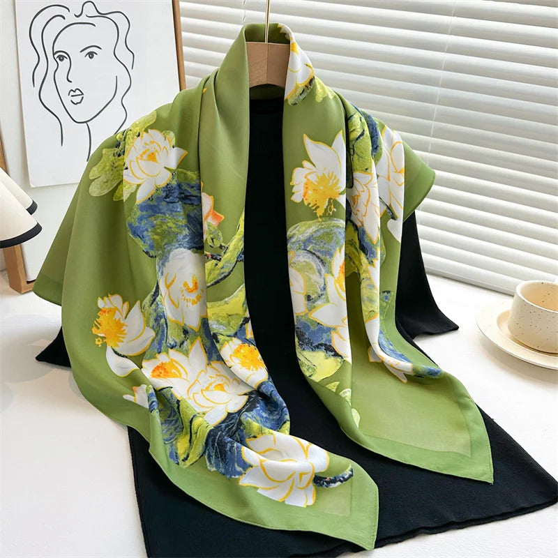 90*90Cm Square Scarf Twill Silk Feeling Women Head Shawls and Wraps Luxury Hair Tree Print Neck Scarves Hijab Bandana Pashmina