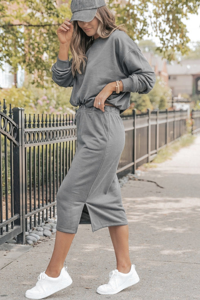 Dark Grey French Terry Pullover and Skirt Casual Outfit