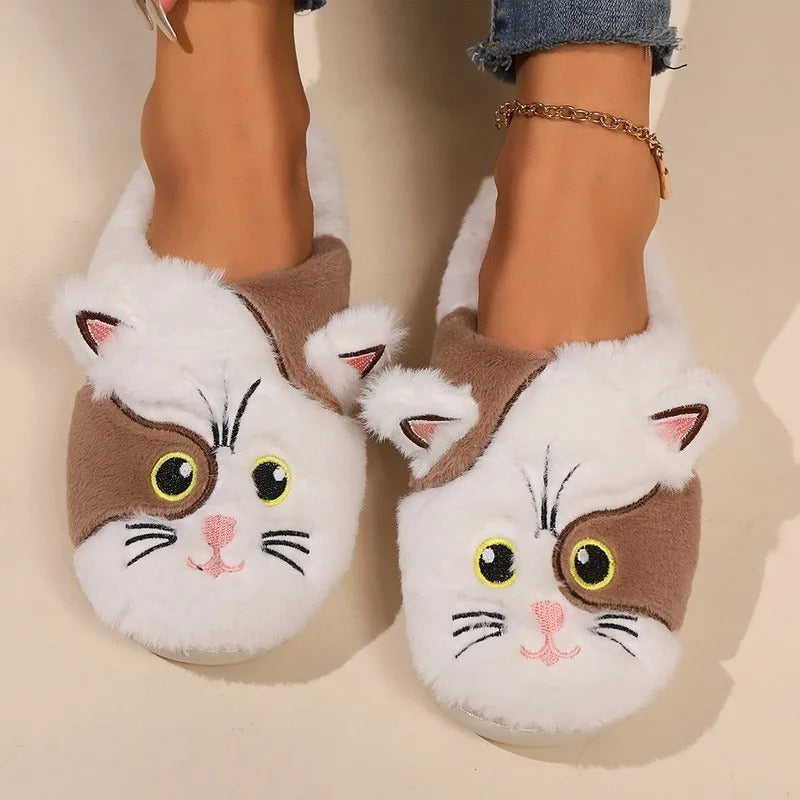 2024 New Cute Cat Slippers Fluffy Furry Women Home Slippers Men Winter Plush Slides Indoor Fuzzy Slippers Lovely Cotton Shoes