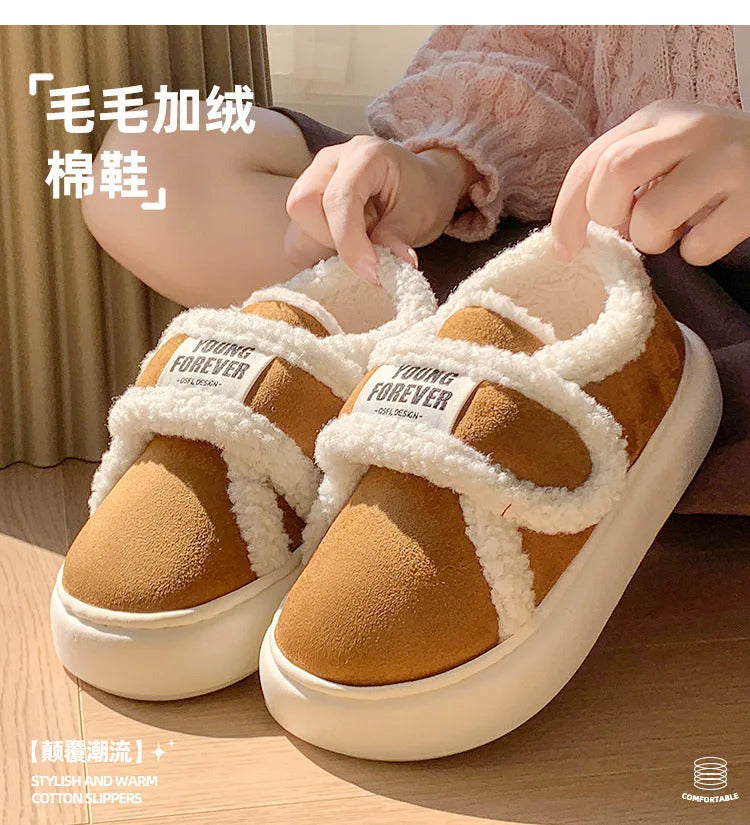 Warm Cotton Slippers Women Men Winter Platform Shoes Soft Plush Thick Sole Couples Indoor Home Floor Footwear With Heels