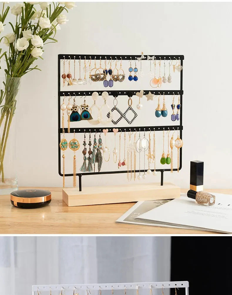 Earring Stand Wooden Base Jewelry Towel with Holes Hanging Jewelry Organizer Large Metal Holder for Earrings Ear Stud Necklace