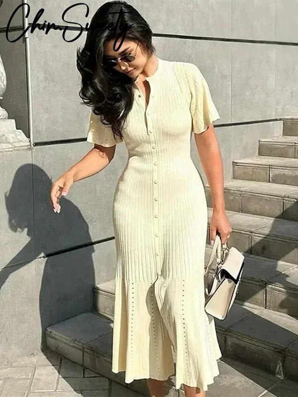 Elegant Knitted Ribbed Long Dress Women Slim Wave O-neck Short Sleeve Hip Package Dresses Female 2024 Summer Lady  Robe