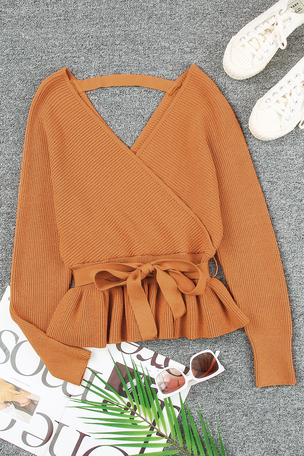 Brown Rib Knit Surplice Neck Belted Peplum Sweater