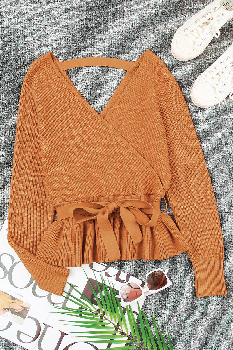 Brown Rib Knit Surplice Neck Belted Peplum Sweater