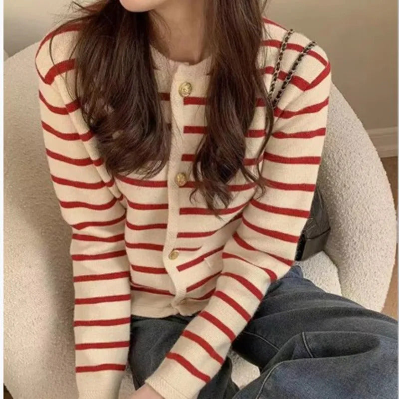 Women Stripe Knitted Cardigans Spring Autumn O-neck Single Breasted Long Sleeve Crop Tops Fashion Casual Chic Female Sweaters