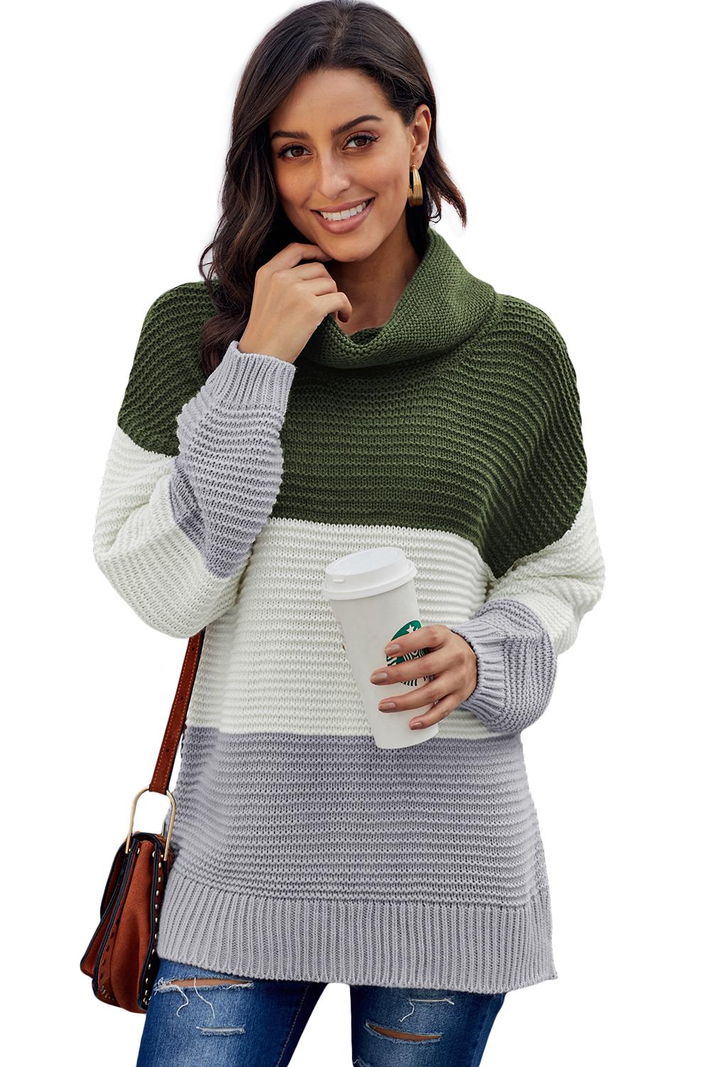 Green Turtleneck Color Block Pullover Sweater