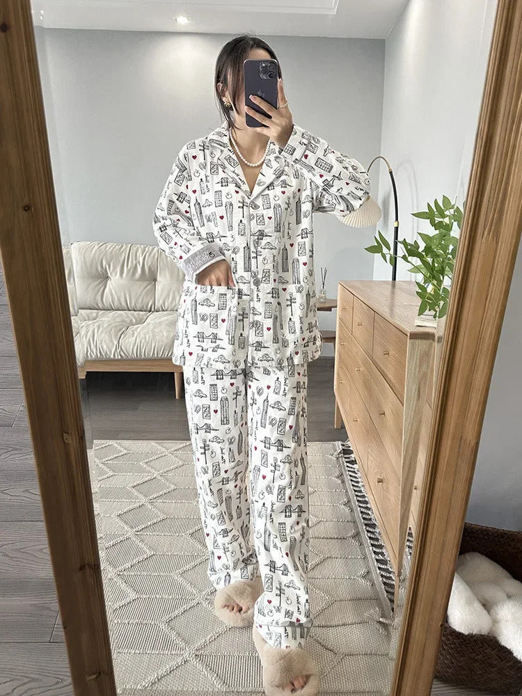 100% Cotton Pajamas for Women Loose Cartoon Long Sleeve Pants Loungewear Women 2 Piece Set Pj Women Outfit Sleepwear Set Pijamas