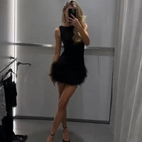 Elegant Feather Patchwork Short Party Dress Women Slim O-neck Sleeveless High Waist Female Dresses 2024 Lady Sexy Evening Robes