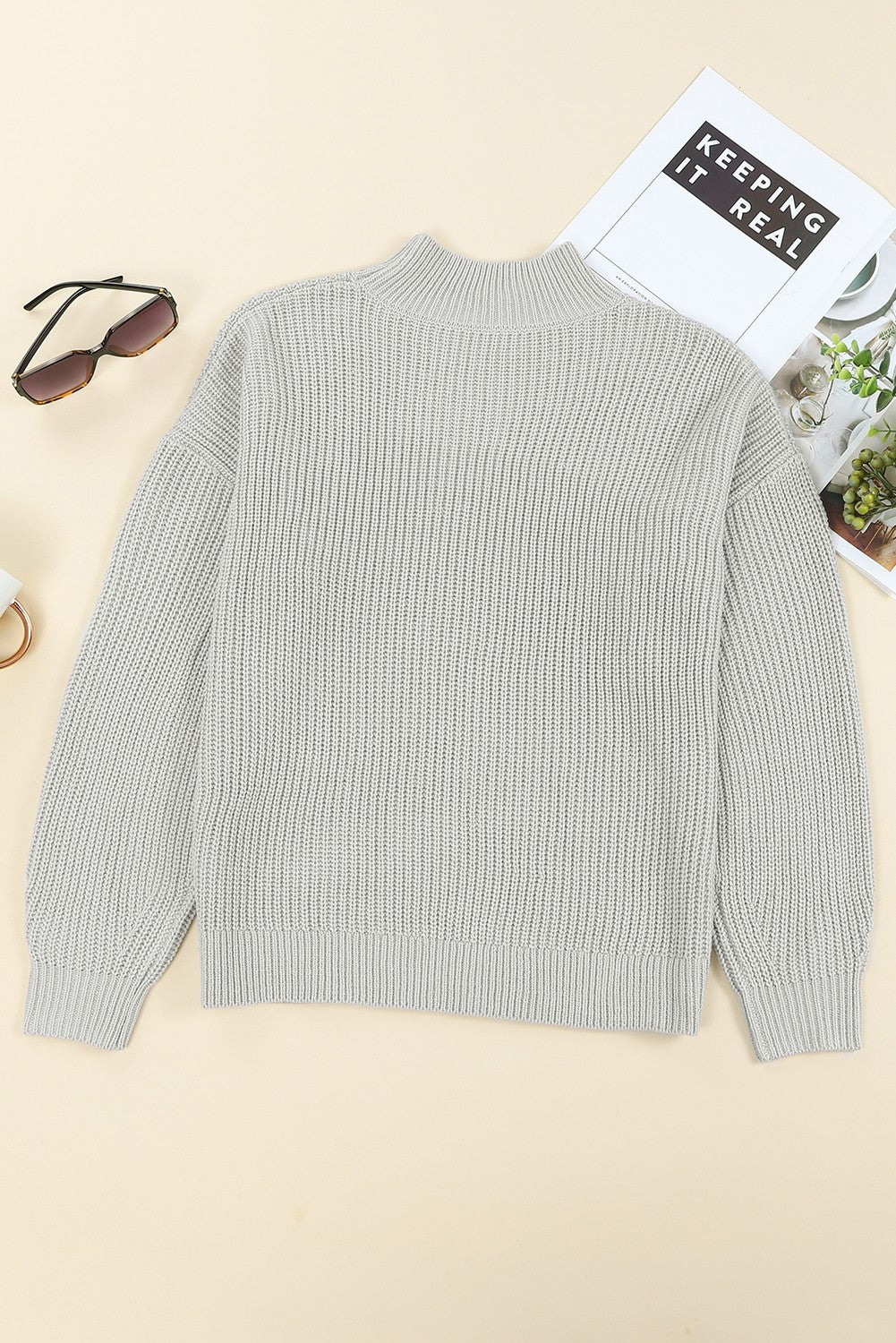 Gray High Neck Drop Shoulder Plain Sweater