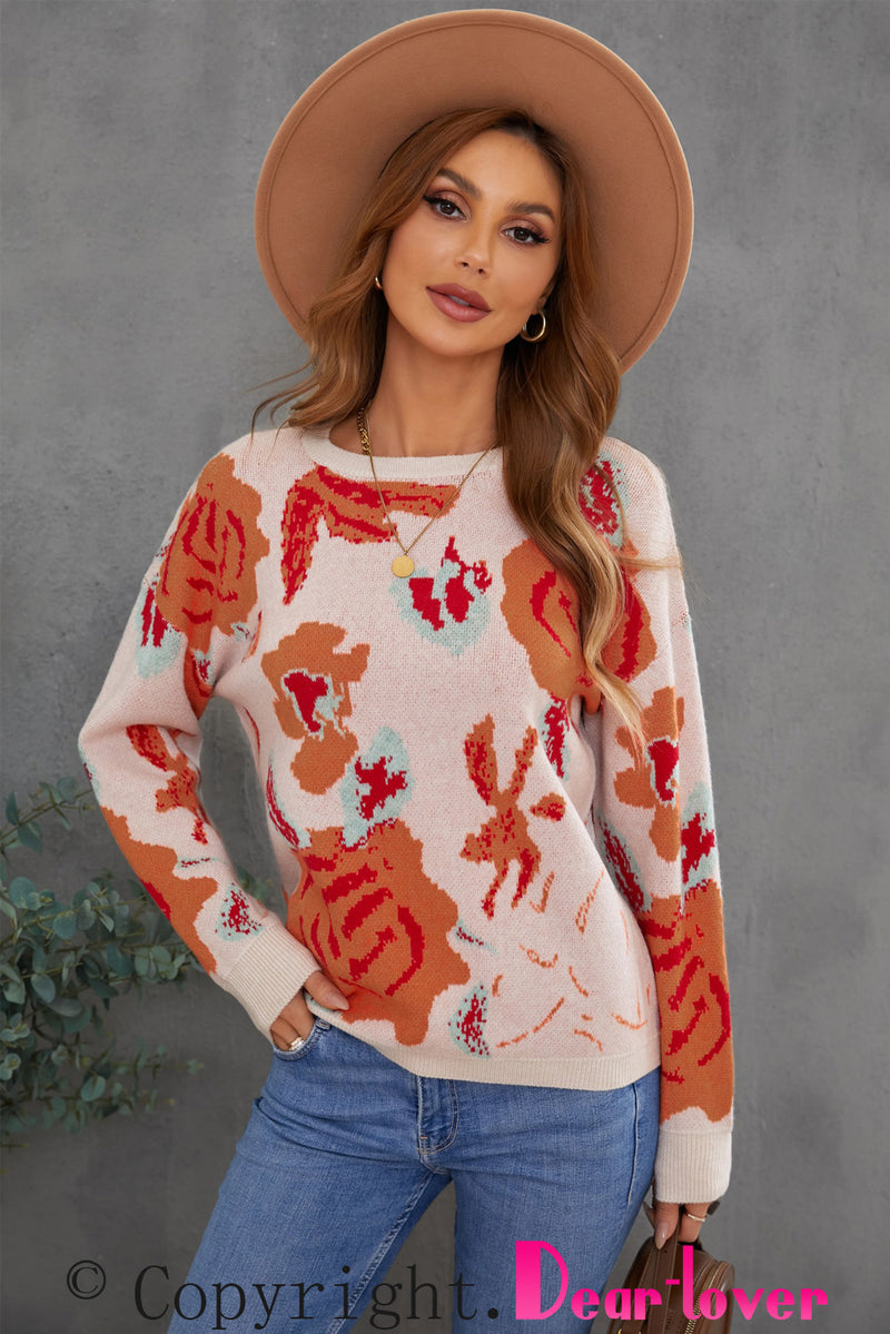 Floral Pattern Drop Shoulder Crew Neck Sweater