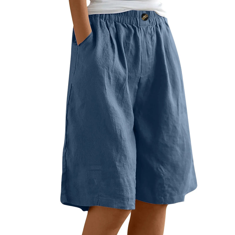 Women's Fashion Solid Color Pants Pocket Button Up Capris Loose Elastic Waist Cotton Linen Shorts