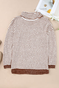 Khaki Striped Turtleneck Loose Sweater