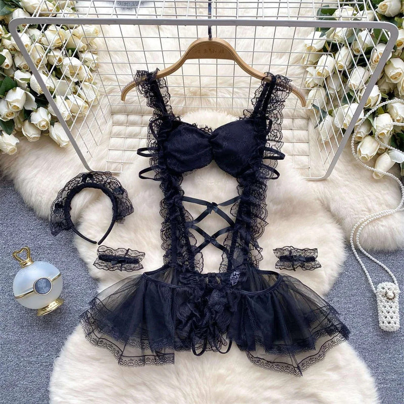 Strap Bow Hot Women Nightwear Mesh Sexy Night Dress Thin Tansparent Lace Pajamas Dress+Thong 2024 Lady Romantic Backless Nightie