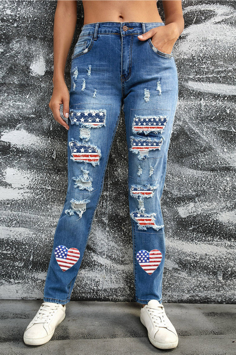 Sky Blue Heart-shape American Flag Patch Frayed Jeans