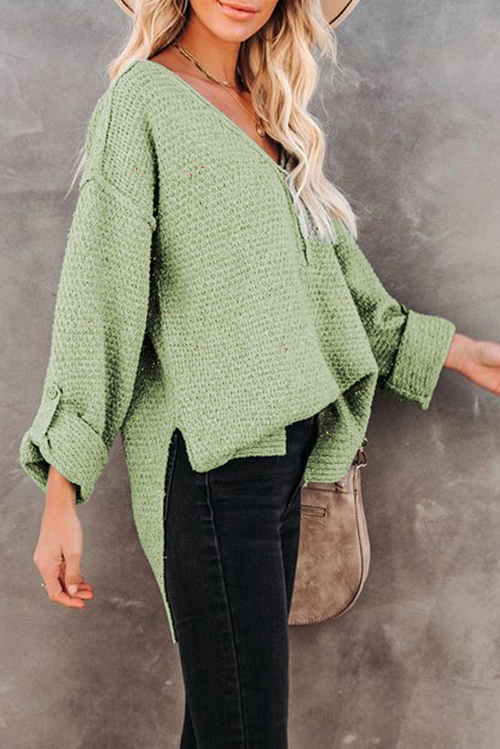 Green Buttoned Drop Shoulder Knitted Sweater