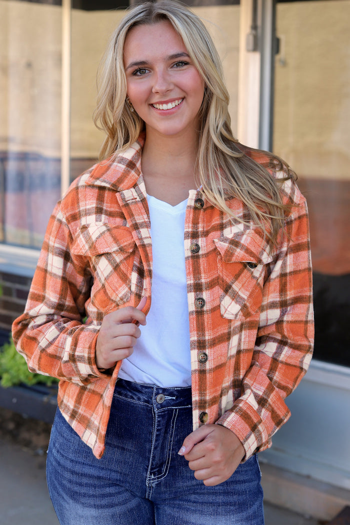 Orange Plaid Button-Up Flap Pocket Jacket