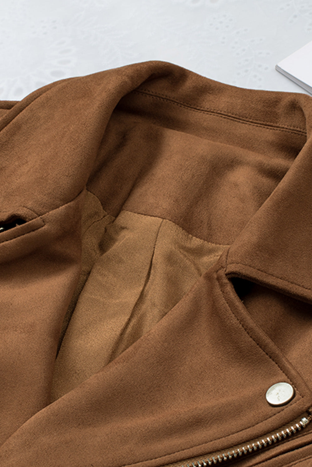 Brown Vegan Suede Zip Detail Moto Jacket