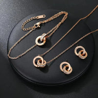 3 PCS Fashion Roman Digital Double Ring Pendant Necklace Bracelet Tiny Earrings Jewelry Set For Women Korean Style Daily Wear