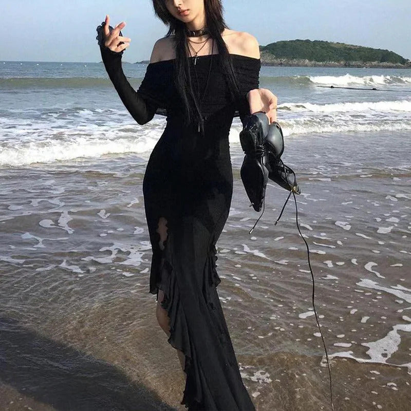 Rockmore Black Slash Neck Party Dresses Elegant Fashion Ruffled Side Slit Slim Long Dress Off Shoulder Women Vacation vestidos