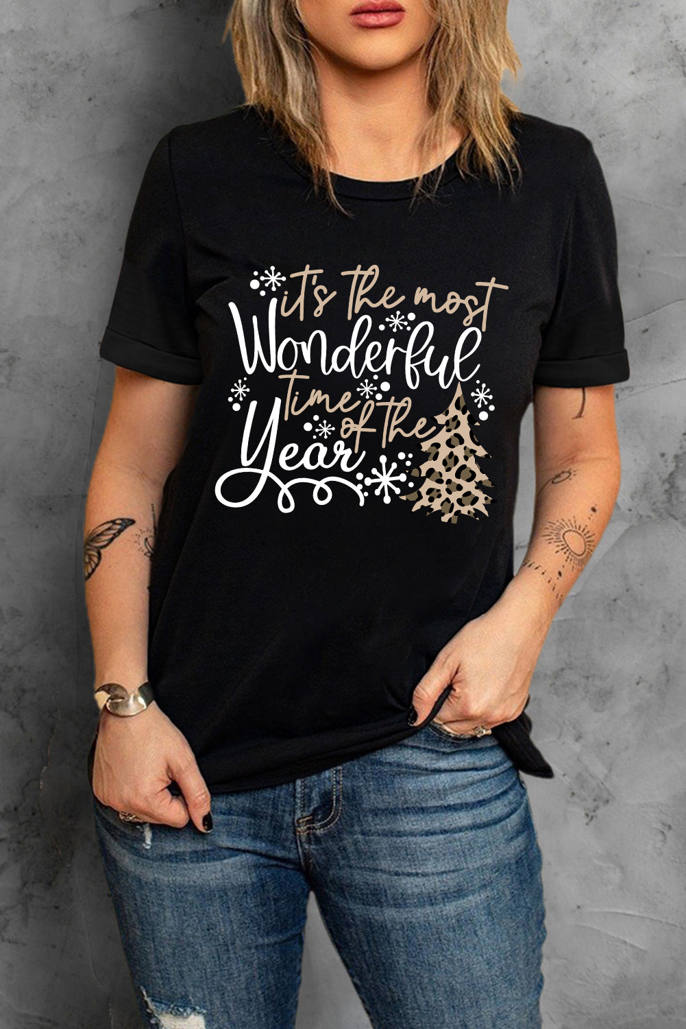 Black Wonderful Christmas Season Leopard Graphic Tee