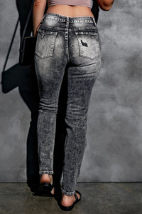 Gray Acid Wash High Rise Ripped Skinny Jeans