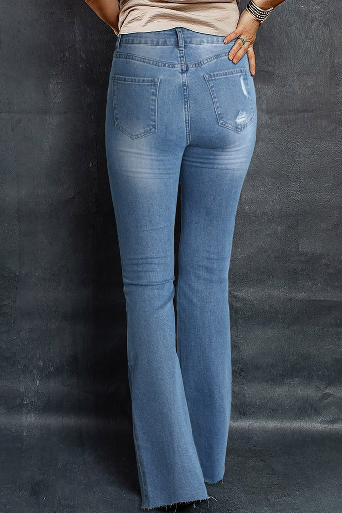 Sky Blue Dark Wash Mid Rise Flare Jeans