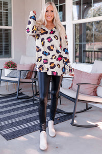 Apricot Colorful Leopard Print V Neck Long Sleeve Top with Slits