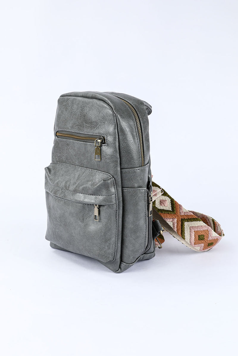 Gray Double Zipper Faux Leather Backpack