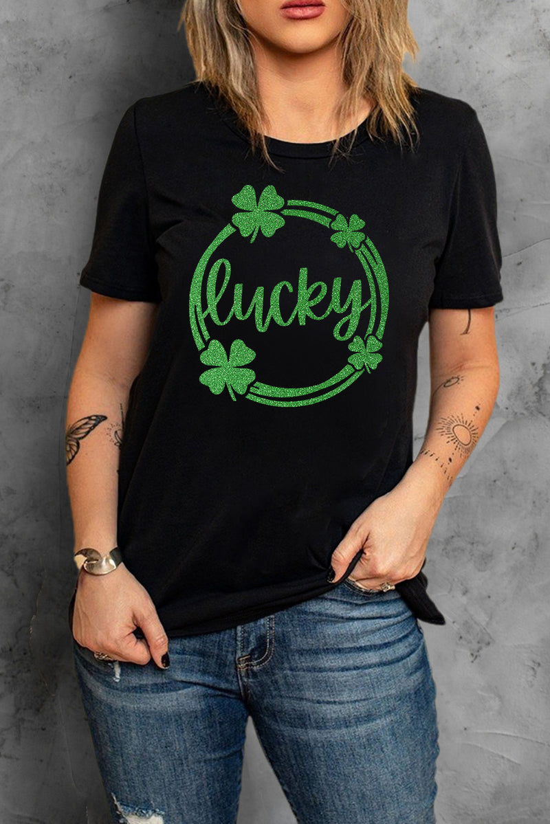 Black St Patrick Sequin Lucky Clover Print Short Sleeve T-shirt