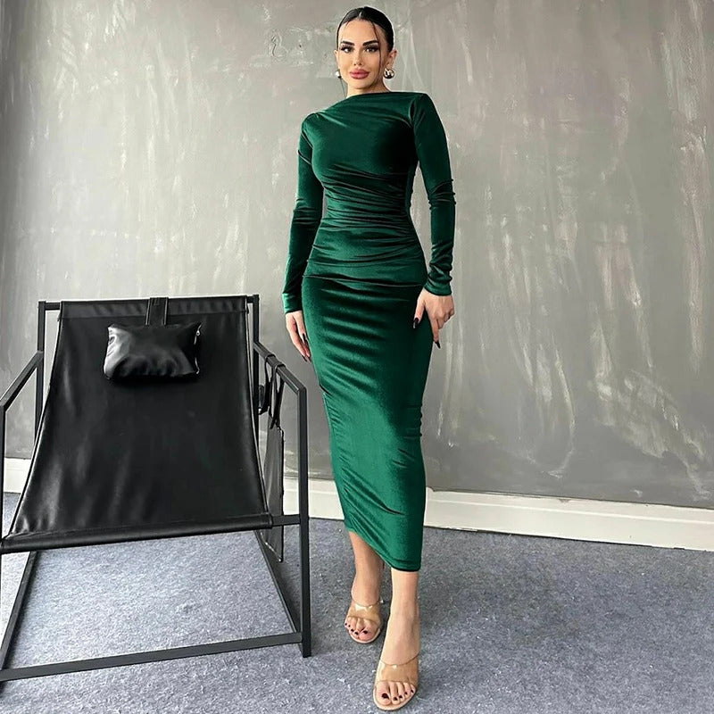 Dulzura Velvet Solid Midi Dress Long Sleeves 2023 Autumn Winter Women'S Outfits Sexy Wholesale Drop Shipping Clubwear Birthday