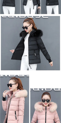 Zipper Fur Hooded Short Down Cotton Jacket Thickened Coat Fall Winter Casual Elegant Long Sleeve Warm Pockets Women Clothing New