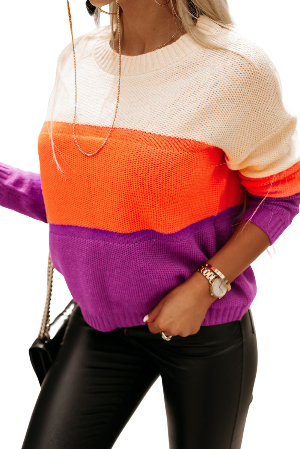 Multicolor Color Block Drop Shoulder Round Neck Knit Sweater