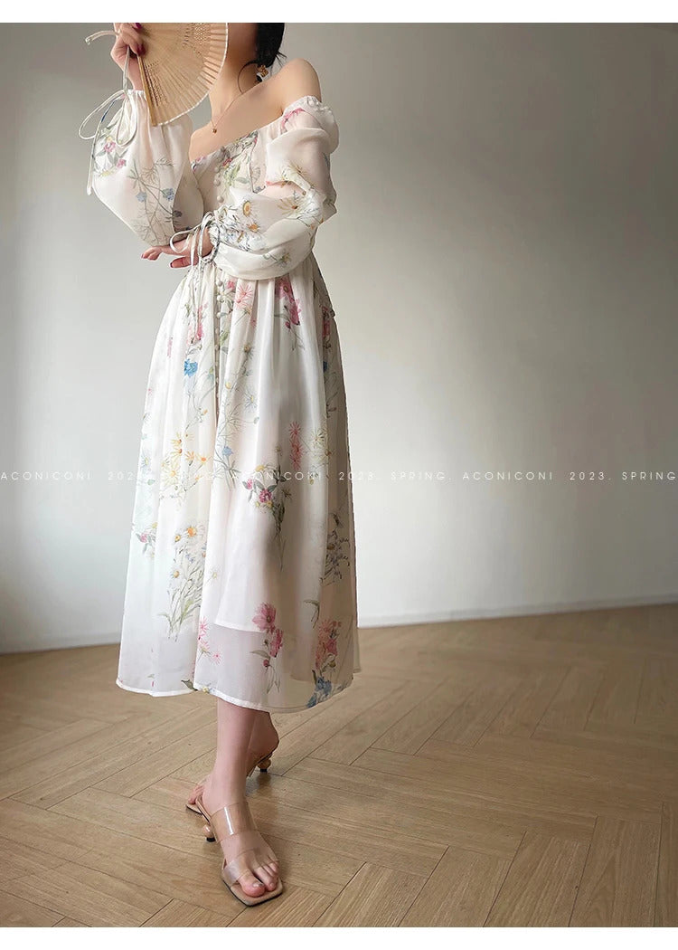 French Vinatge Evening Party Long Dresses for Women Floral A-line Princess Dress Lantern Sleeve Spring Summer Prom Robe Vestidos