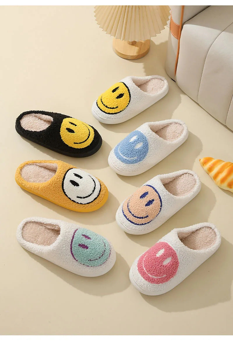 Cute Smiles Women's Fluffy Slippers Winter Indoor Closed Toe Warm Couple Slippers Woman Non-slip Flat Heel Fur Home Slides Shoes