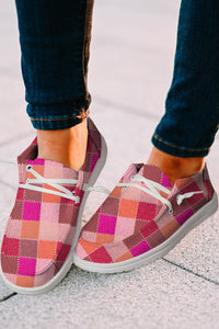 Red Plaid Print Criss Cross Slip On Canvas Shoes