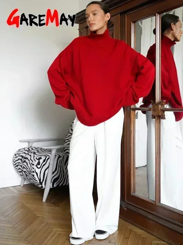 Women's Turtleneck Sweater Oversize Winter Vintage  Knitted Red Sweater Pullover Women Soft Gray Warm Sweater for Women 2024