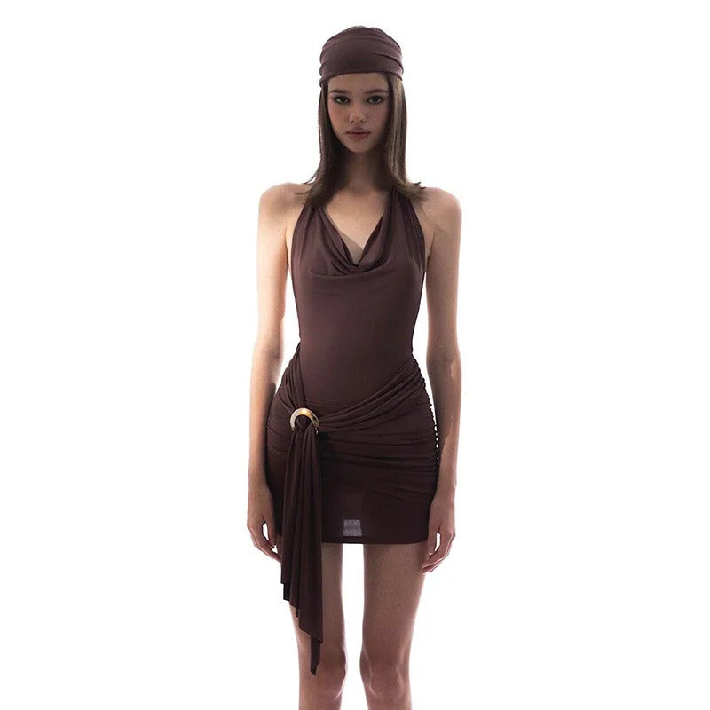 Xeemilo Harajuku Low-cut Backless Mini Dress Vintage Brown Ring Bandage Pleated Slim Dresses 2023 Summer Party Street Vestidos