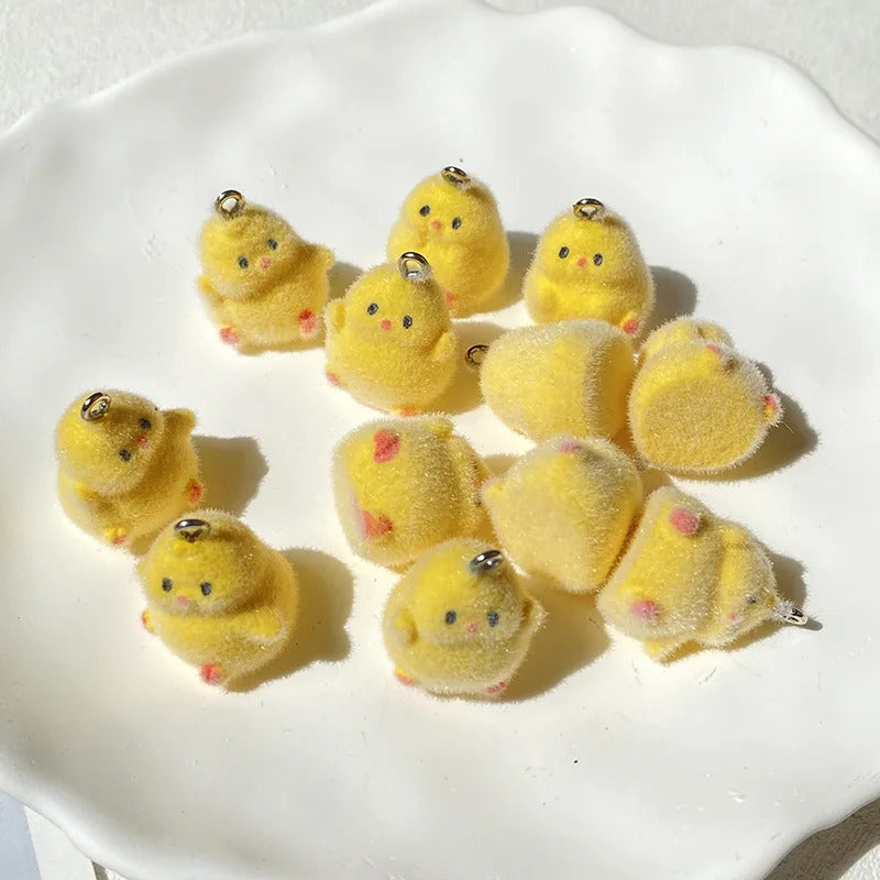 10/20/30pcs Kawaii Small Yellow Chicken Resin Charms Flocked Animal Pendant For Earring Keychains Diy Jewelry Make