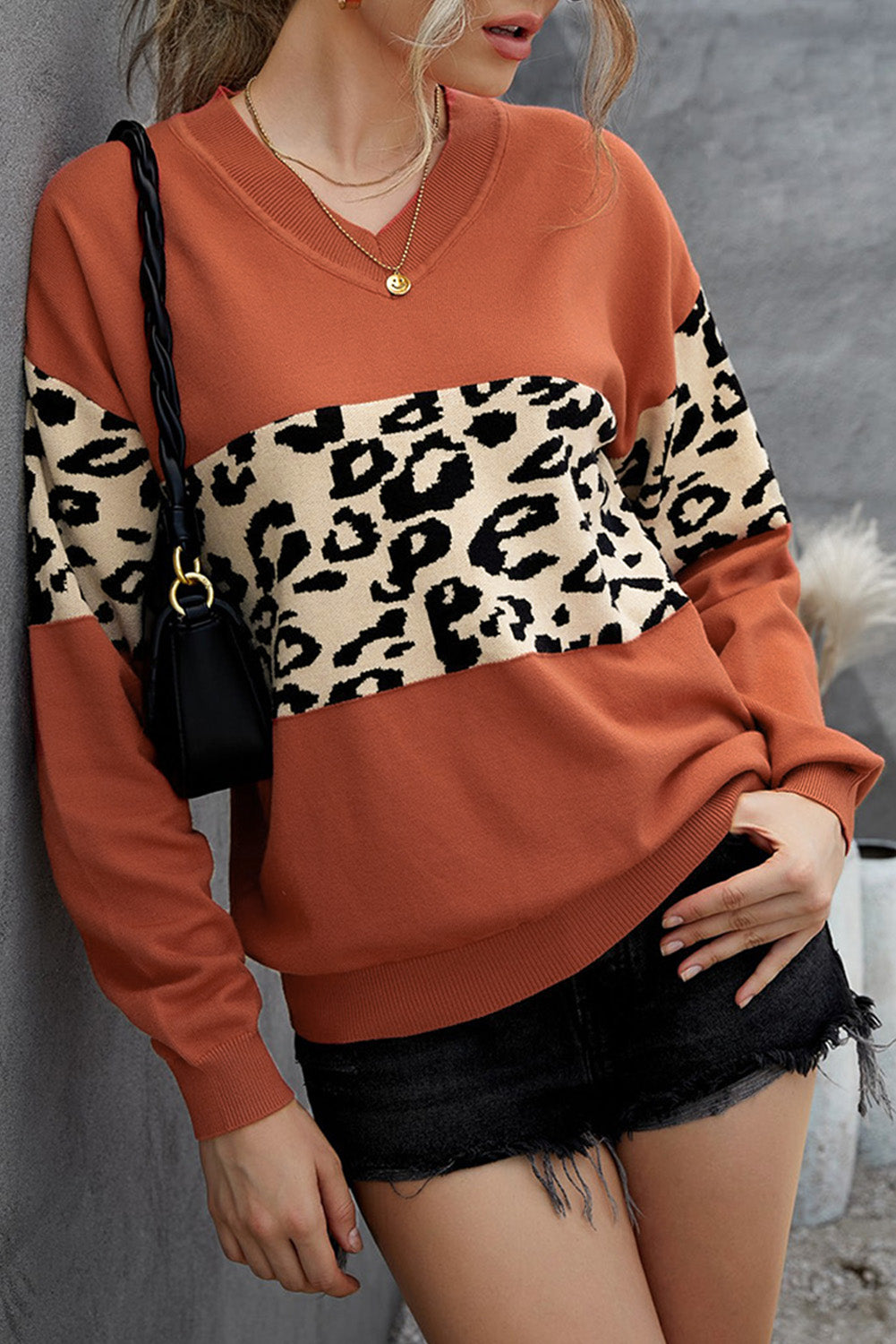 Black Leopard Colorblock V Neck Knit Sweater