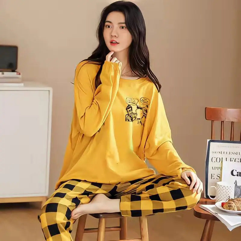 Fall and Winter Women's Suit Pajamas Long-Sleeved Long Pants Homewear Two-Piece Set Ladies Cartoon Pattern Sleepwear Loungewear