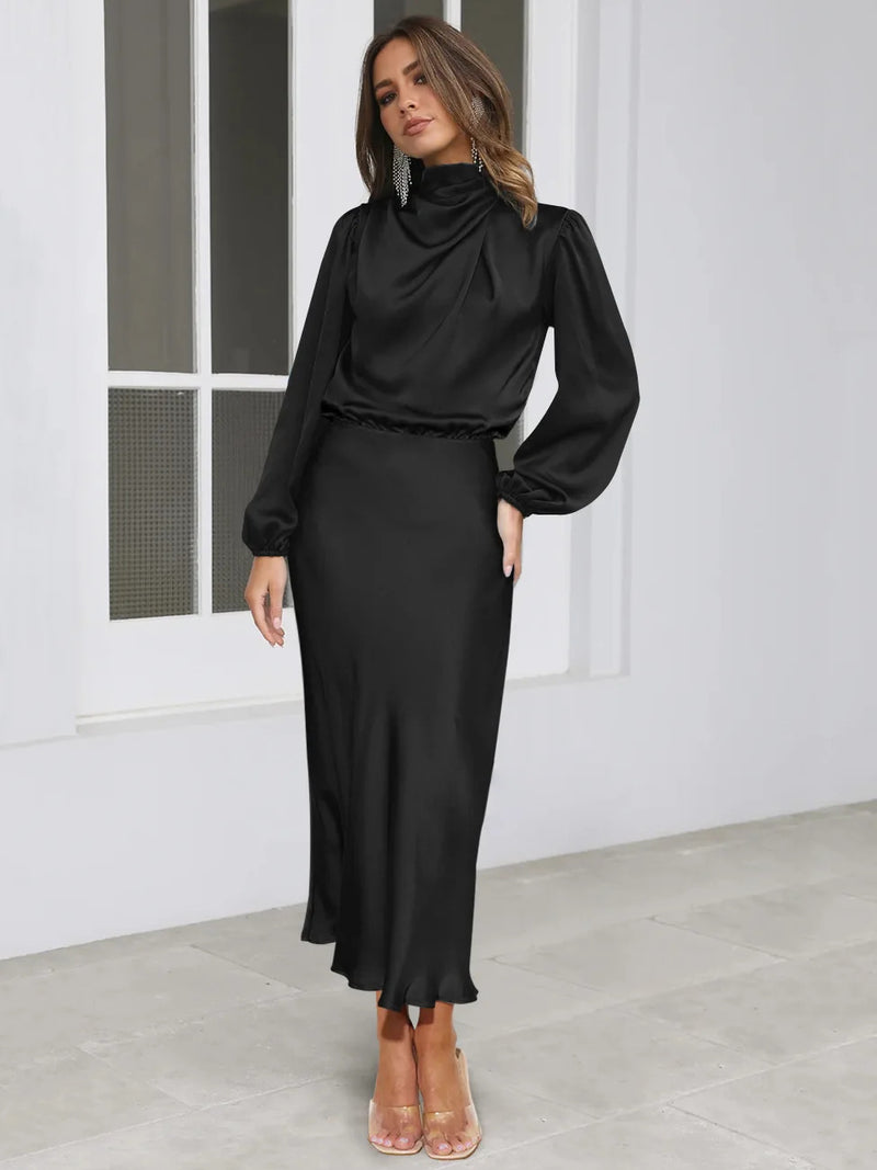 2024 Autumn Evening Women Satin Dress Black Long Lantern Sleeve Sexy Elegant Dresses Female Fashion Casual Party Vestidos Clothe