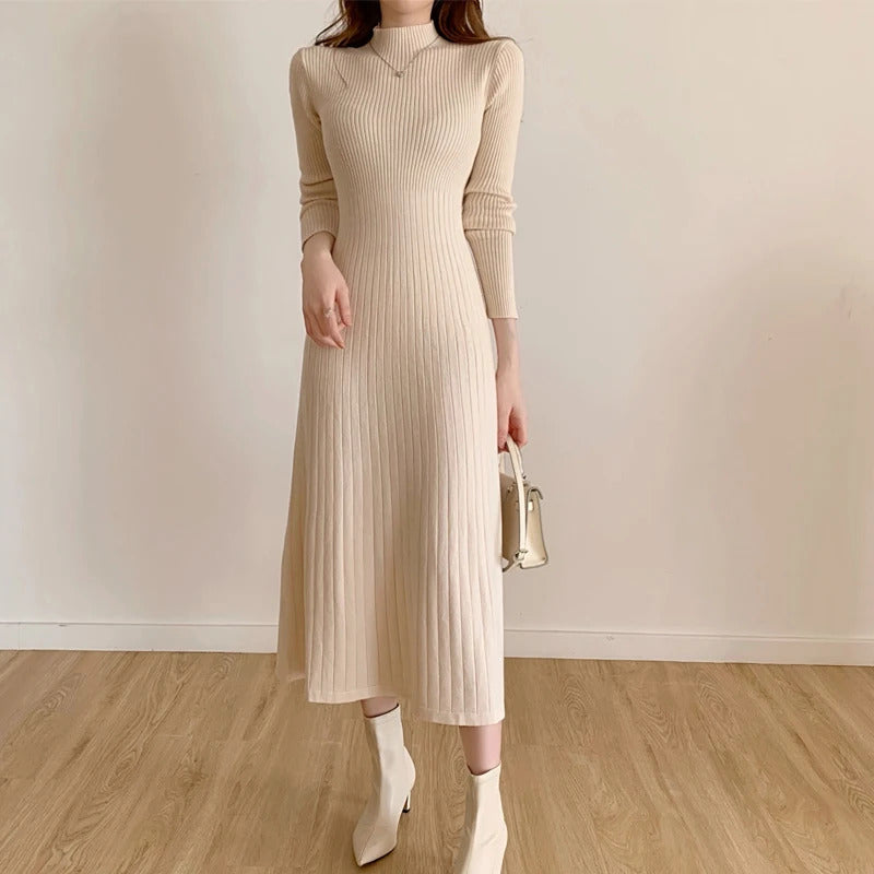 Autumn Winter 2023 Slim Long Sleeve Party Midi Dress for Women Knitted Half High Collar Elegant Knitted Sweater Dresses Ladies