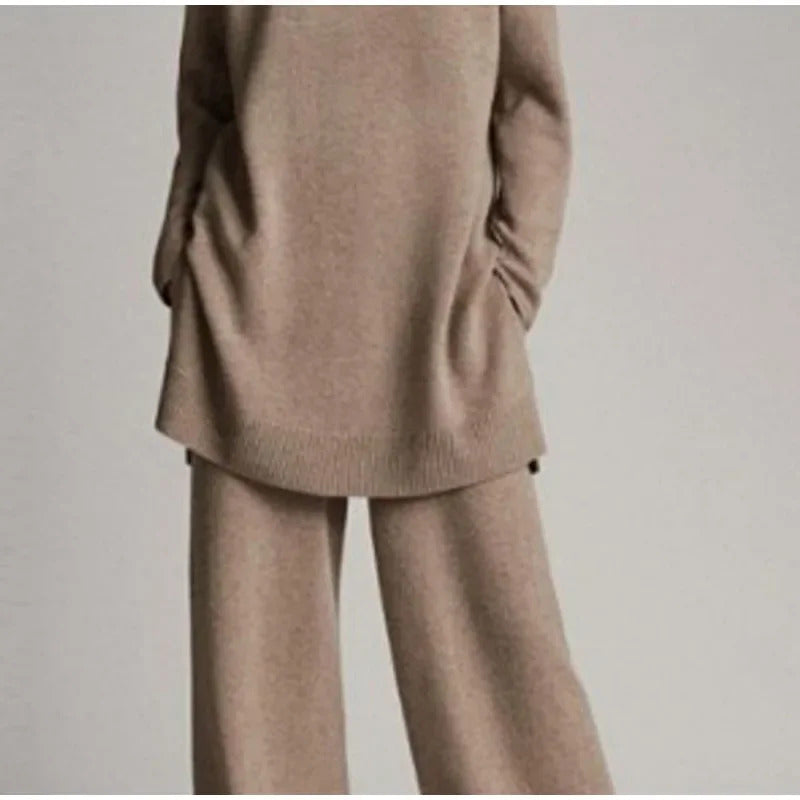 Loose Knitted Pullover Pants Set Women Casual Turtleneck Sweater Wide Legs Long Trousers 2025 Spring New Lady Solid Suits