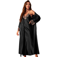 Female Long Twinset Robe Set Nightgown Spring Summer Kimono Bathrobe Gown Sexy Lace Trim Nightdress Satin Home Wear Loungewear