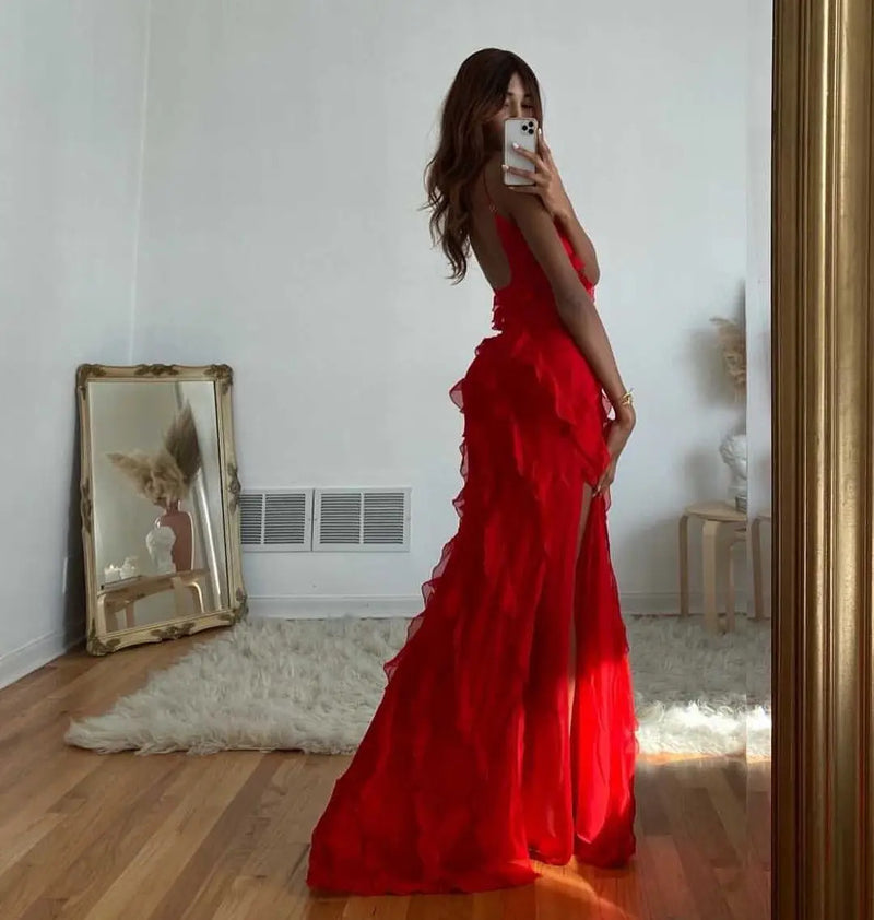 2024 Elegant Red Chiffon Slip Dresses for Women Sexy Spaghetti Strap Backless Lace-up Ruffles Long Maxi Evening Party Prom Dress